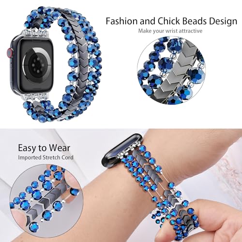 MOFREE Beaded Bracelet Compatible with Apple Watch Band 38mm/40mm/41mm/42mm, Fashion Elastic Stretch Women Bands for iWatch Series 11/10/9/8/7/SE/6/5/4/3/2/1 iPhone Watch Strap Bands (Dark Blue) - Image 3