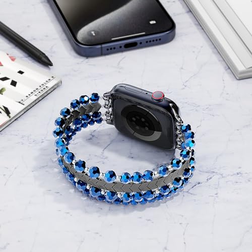 MOFREE Beaded Bracelet Compatible with Apple Watch Band 38mm/40mm/41mm/42mm, Fashion Elastic Stretch Women Bands for iWatch Series 11/10/9/8/7/SE/6/5/4/3/2/1 iPhone Watch Strap Bands (Dark Blue) - Image 2