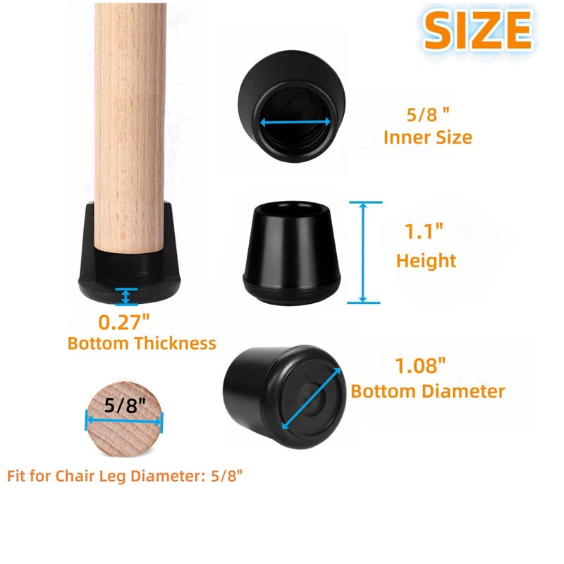 Furnigear Chair Leg Tips Caps Non-Slip Rubber Leg Tips 5/8"" Inner Diameter Chair Leg Floor Protectors Round Black 100 Pack - Image 2