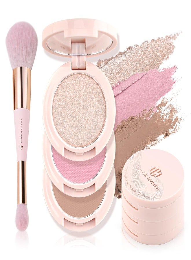 COLOR NYMPH باليت مكياج كونسيلر وبلشر وهايلايتر بألوان نيمف 3 ألوان، مجموعة مكياج بحجم السفر، باليت بودرة بلشر وهايلايتر وكونتور، تشمل فرشاة ومرآة، تصميم مكياج مكدس (وردي) - Image 1