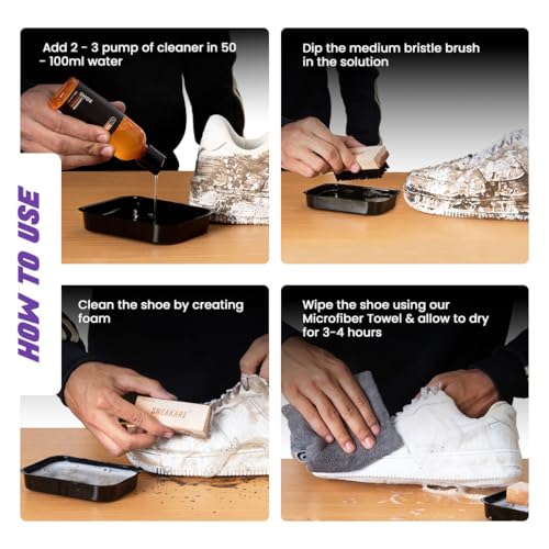 SNEAKARE Basic Shoe Cleaning Kit with 100ml Cleaner, Medium Brush & Decreaser Lite - Sneaker Cleaner, Suede, Leather, Nubuck, Canvas Shoes Cleaning Kit for Shoe Care & Crease Protection - Image 3