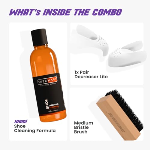 SNEAKARE Basic Shoe Cleaning Kit with 100ml Cleaner, Medium Brush & Decreaser Lite - Sneaker Cleaner, Suede, Leather, Nubuck, Canvas Shoes Cleaning Kit for Shoe Care & Crease Protection - Image 2