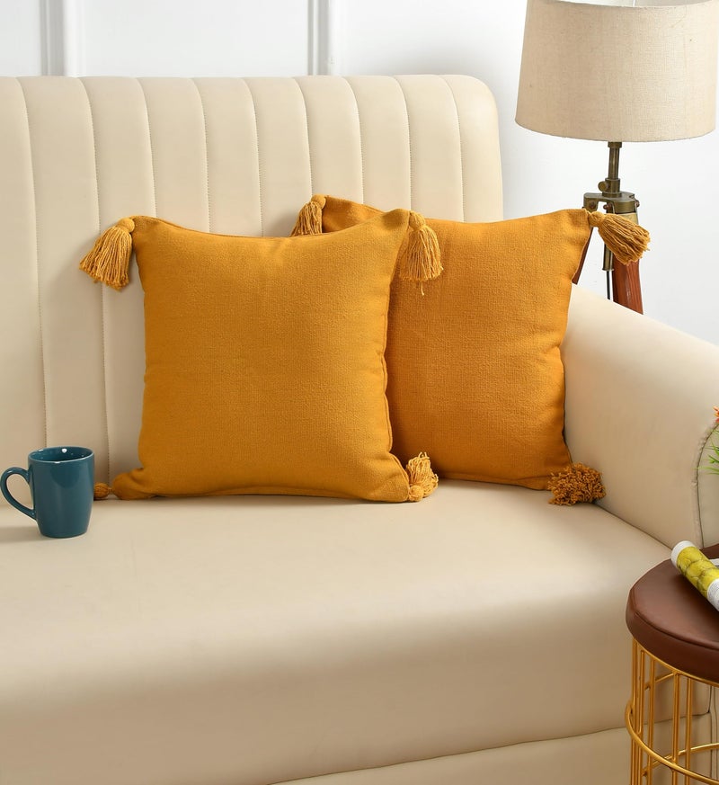 SASHAA WORLD 100% Cotton Cushion Covers with Tassels/Decorative Throw Pillow Set of 2 (45x45 cms, Mustard) - Image 1