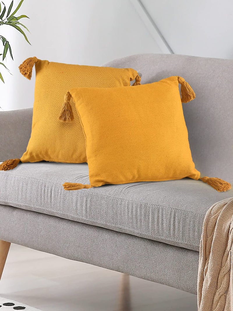 SASHAA WORLD 100% Cotton Cushion Covers with Tassels/Decorative Throw Pillow Set of 2 (45x45 cms, Mustard) - Image 2