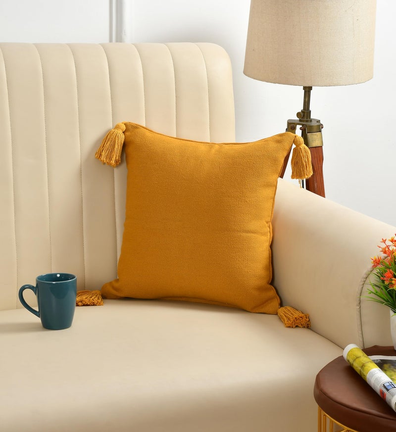 SASHAA WORLD 100% Cotton Cushion Covers with Tassels/Decorative Throw Pillow Set of 2 (45x45 cms, Mustard) - Image 3