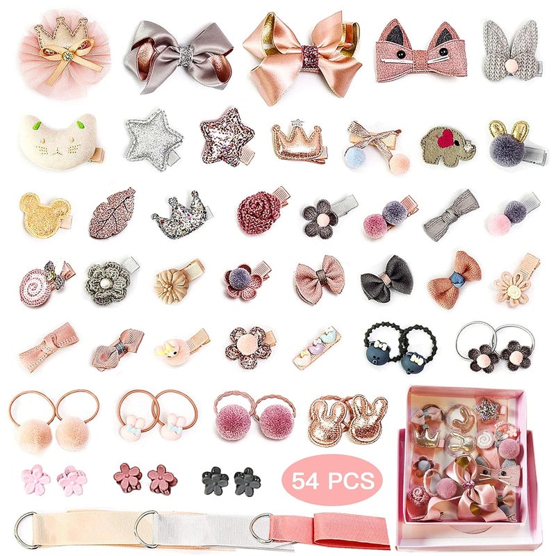 ZOCONE Baby Hair Clips and Hair Ties 54pcs Cute Bow Hairpins Elastic Hair Bands Holders Hair Accessories for Baby Girls Toddlers Pink Grey Orange - Image 1