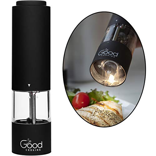 Good Cooking Electric Pepper Grinder and Salt Mill Battery Operated OneHanded Spice Dispenser w LED Light Adjustable Coarseness Premium Kitchen Upgrade w Strong Ceramic Blades Matte Black Batteries Included