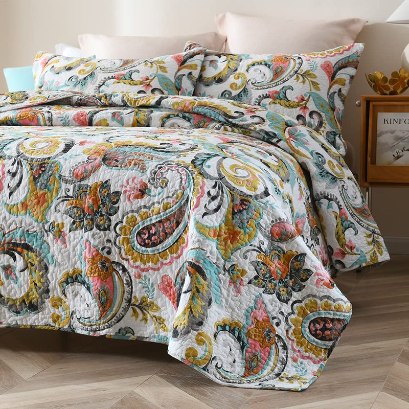 VISIMISI Cotton Bedspread Quilt Sets Reversible Bedding Coverlet Sets Comforter Paisley Floral Bedspread (White Paisley Floral, Queen Size) - Image 4