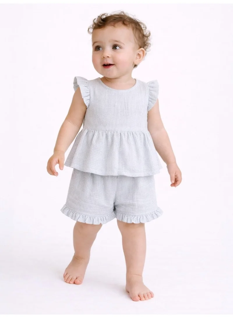 victor and jane Infant Girls Mint Stripe Ruffle Sleeve Top & Shorts Set
