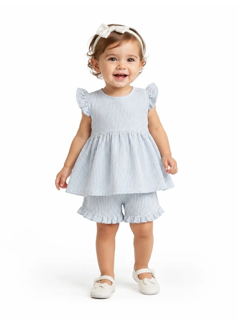 فكتور اند جين Infant Girls Mint Stripe Ruffle Sleeve Top & Shorts Set