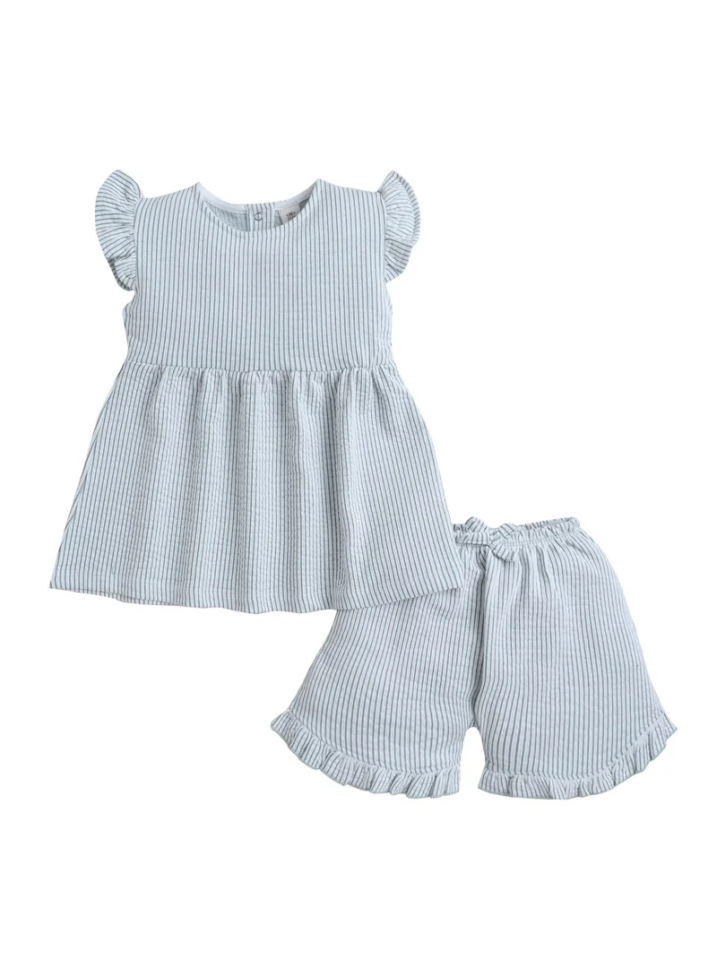 Victor And Jane  Infant Girls Mint Stripe Ruffle Sleeve Top & Shorts Set for Women | Best Price UAE