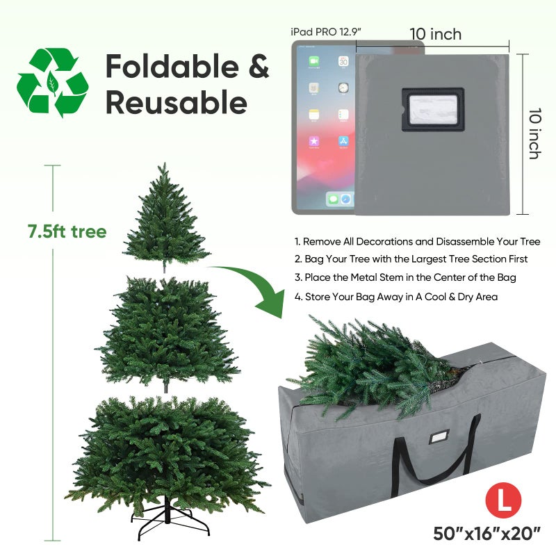 BALEINE 7.5 ft Christmas Tree Storage Bag, Heavy Duty Extra Large Artificial Christmas Tree Bag with Reinforced Handles and Dual Zippers Wide Opening (Gray, 7.5 ft) - Image 3