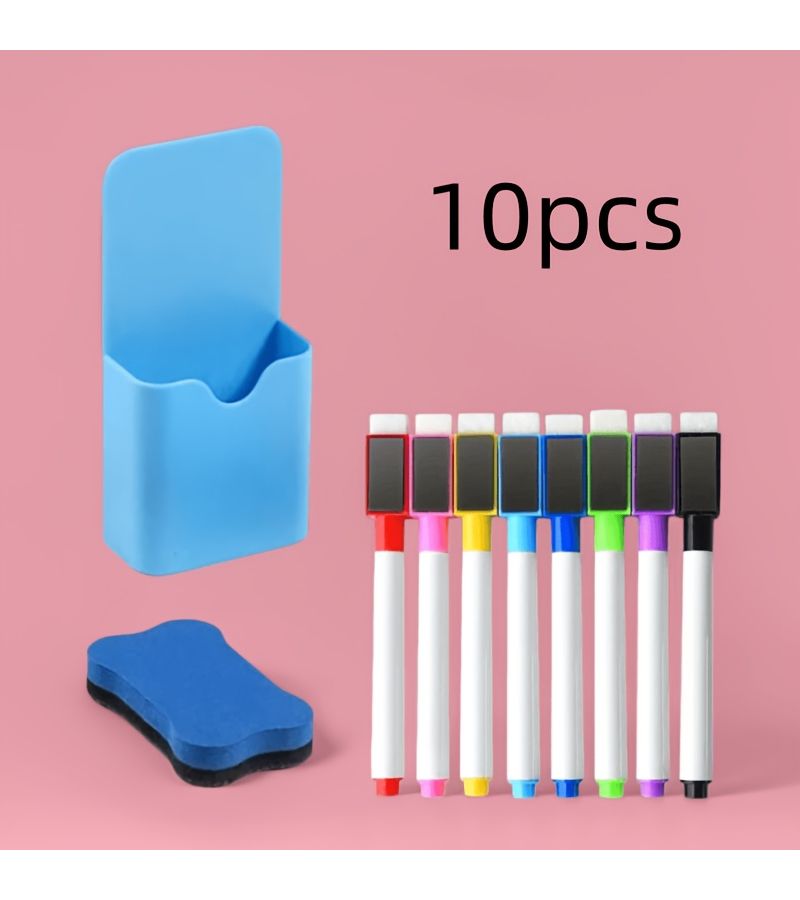 10pc Black Magnetic Whiteboard Pen Set Water Based Erasable Markers Holder Eraser For Office Teaching Meeting Home School - Image 1