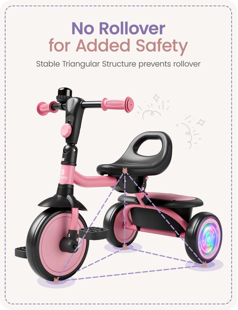 besrey Colorful Lighting Toddler Tricycle for Ages 18 Months to 5 Years, Toddler Bike with Bell, Kids Tricycle, Gift for 2-5 Year Olds, Toy for Boys and Girls, Tricycle for Toddlers, Pink - Image 5