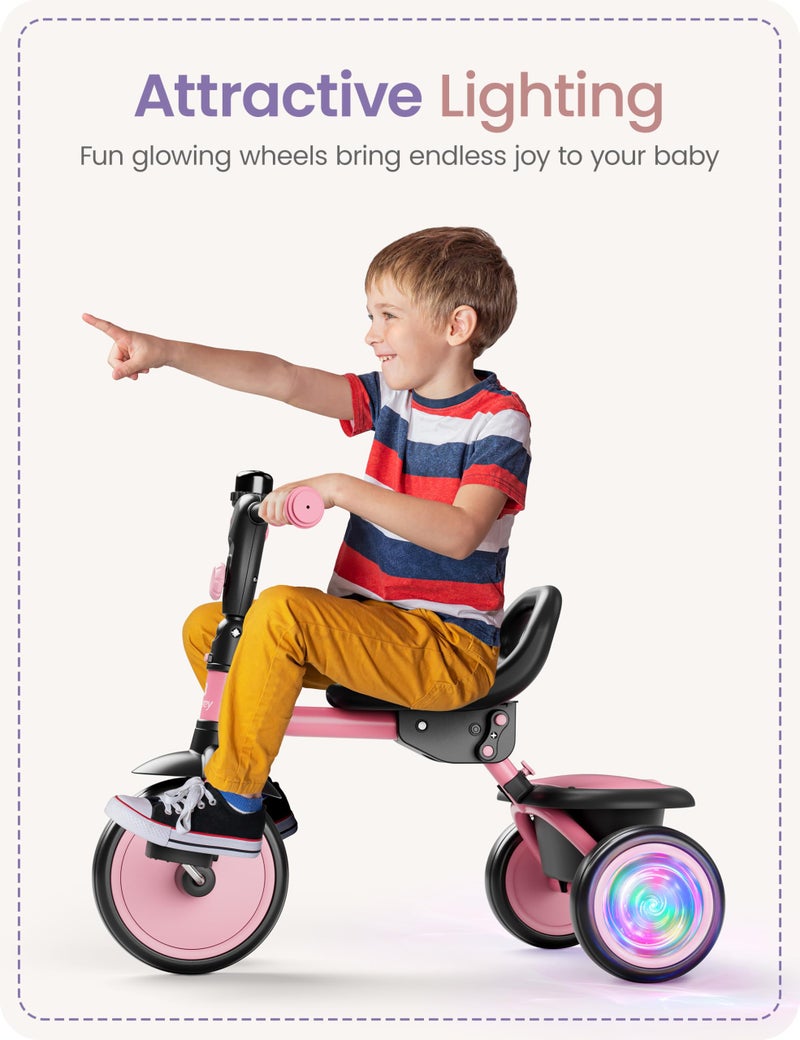 besrey Colorful Lighting Toddler Tricycle for Ages 18 Months to 5 Years, Toddler Bike with Bell, Kids Tricycle, Gift for 2-5 Year Olds, Toy for Boys and Girls, Tricycle for Toddlers, Pink - Image 3