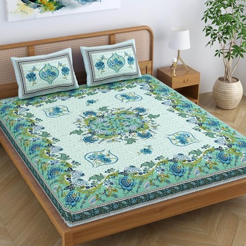 SheetKart Pure Cotton Floral Jaipuri Traditional Rajasthani Printed King Size Double Bedsheet with 2 Pillow Covers - Turquoise Green - Image 1