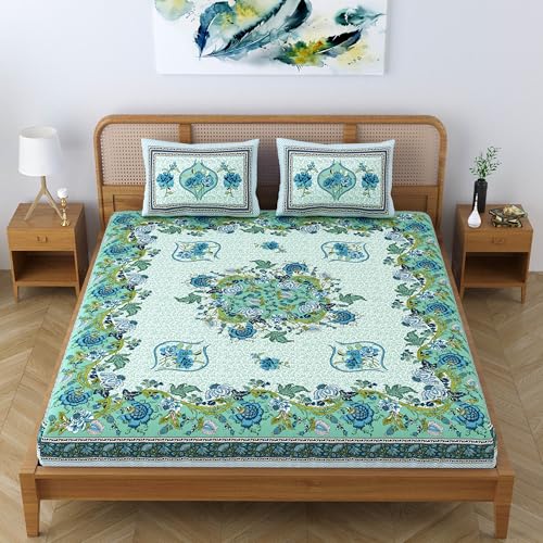 SheetKart Pure Cotton Floral Jaipuri Traditional Rajasthani Printed King Size Double Bedsheet with 2 Pillow Covers - Turquoise Green - Image 5