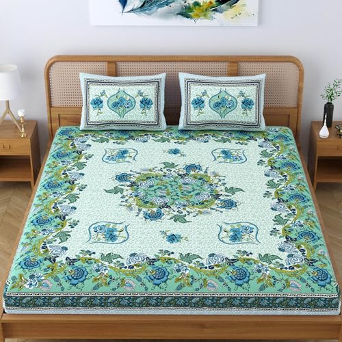 SheetKart Pure Cotton Floral Jaipuri Traditional Rajasthani Printed King Size Double Bedsheet with 2 Pillow Covers - Turquoise Green - Image 2