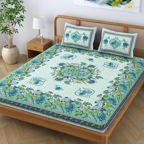 SheetKart Pure Cotton Floral Jaipuri Traditional Rajasthani Printed King Size Double Bedsheet with 2 Pillow Covers - Turquoise Green - Image 3
