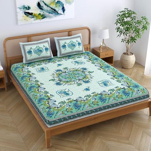 SheetKart Pure Cotton Floral Jaipuri Traditional Rajasthani Printed King Size Double Bedsheet with 2 Pillow Covers - Turquoise Green - Image 4