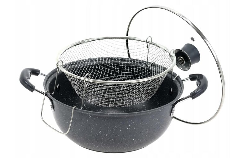 VBM Stir Fry Pan 24cm Basket With Glass Lid And Handle Non stick Wok Hob Pan Deep Frying Pan Steamer Fryer Pot Pans 2L For Kitchen Cooking Pot For Kitchen - Image 2