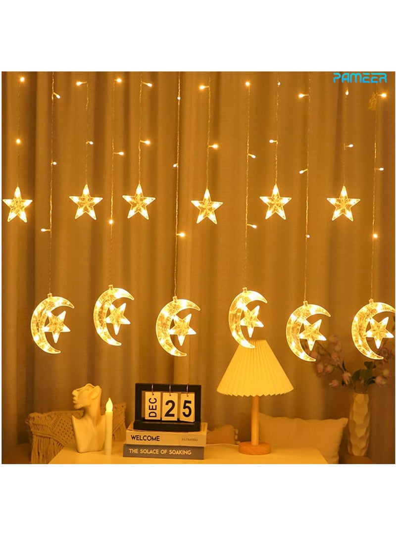 بامير ستائر LED على شكل نجمة القمر 3.5 متر لتزيين رمضان، سلسلة أضواء LED لتزيين العيد للمنزل، مصابيح تعمل بالطاقة معلقة ديكورات داخلية وخارجية، مصابيح سلسلة مع زر تغيير 8 أوضاع  - Image 1