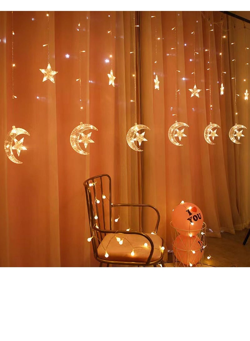 بامير ستائر LED على شكل نجمة القمر 3.5 متر لتزيين رمضان، سلسلة أضواء LED لتزيين العيد للمنزل، مصابيح تعمل بالطاقة معلقة ديكورات داخلية وخارجية، مصابيح سلسلة مع زر تغيير 8 أوضاع  - Image 3