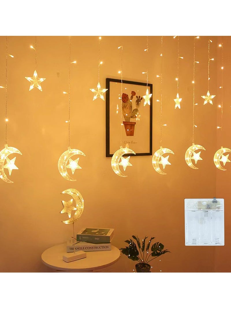 بامير ستائر LED على شكل نجمة القمر 3.5 متر لتزيين رمضان، سلسلة أضواء LED لتزيين العيد للمنزل، مصابيح تعمل بالطاقة معلقة ديكورات داخلية وخارجية، مصابيح سلسلة مع زر تغيير 8 أوضاع  - Image 4