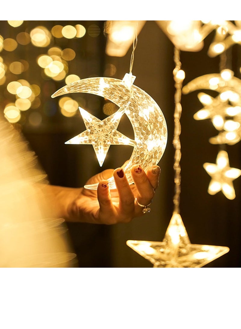 بامير ستائر LED على شكل نجمة القمر 3.5 متر لتزيين رمضان، سلسلة أضواء LED لتزيين العيد للمنزل، مصابيح تعمل بالطاقة معلقة ديكورات داخلية وخارجية، مصابيح سلسلة مع زر تغيير 8 أوضاع  - Image 5