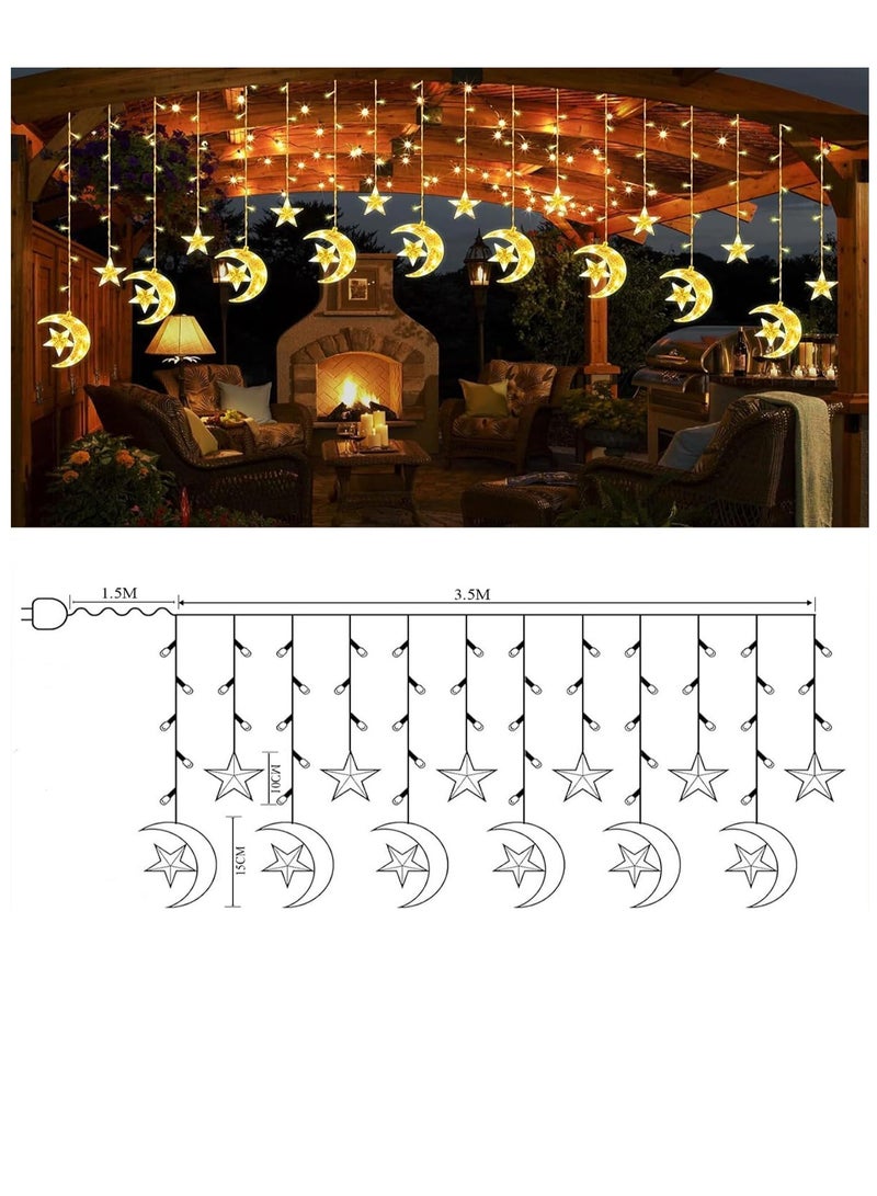 بامير ستائر LED على شكل نجمة القمر 3.5 متر لتزيين رمضان، سلسلة أضواء LED لتزيين العيد للمنزل، مصابيح تعمل بالطاقة معلقة ديكورات داخلية وخارجية، مصابيح سلسلة مع زر تغيير 8 أوضاع  - Image 2