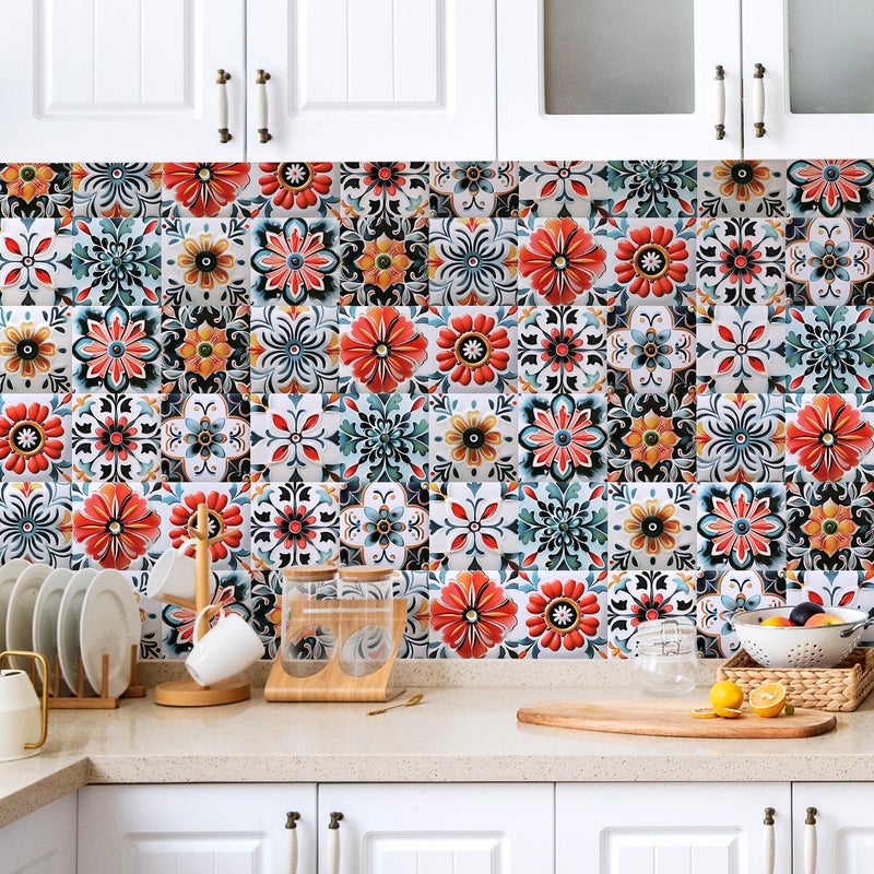 DRWSSR 30PCS 4x4 inch Removable 3D Tile Stickers DIY Square Colorful Floral Pattern Tile Stickers Vinyl Self Adhesive Wall Tiles Decor for Bathroom Kitchen Living Room Stairs Backsplash (B) - Image 4