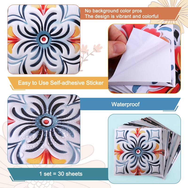 DRWSSR 30PCS 4x4 inch Removable 3D Tile Stickers DIY Square Colorful Floral Pattern Tile Stickers Vinyl Self Adhesive Wall Tiles Decor for Bathroom Kitchen Living Room Stairs Backsplash (B) - Image 3