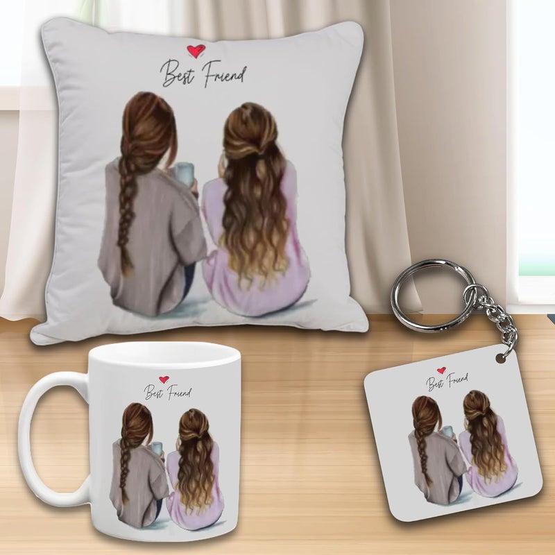 iinfinize iinfinize Best Friend Combo Gift Set Cotton Cushion Cover Stylish Key Chain Ceramic Best Friend Printed Coffee Mug On Birthday Anniversaries - Image 1