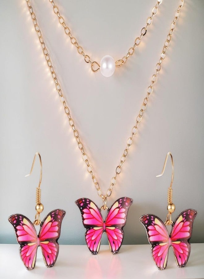 Baxozud Jewelry Set for Women Pink Butterfly Alloy Artificial Crystal Earrings Pendant Necklace Ring Wedding Party Prom Anniversary Birthday Engagement for Bridal Bridesmaid Girlfriend - Image 5