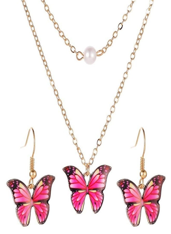 Baxozud Jewelry Set for Women Pink Butterfly Alloy Artificial Crystal Earrings Pendant Necklace Ring Wedding Party Prom Anniversary Birthday Engagement for Bridal Bridesmaid Girlfriend - Image 1