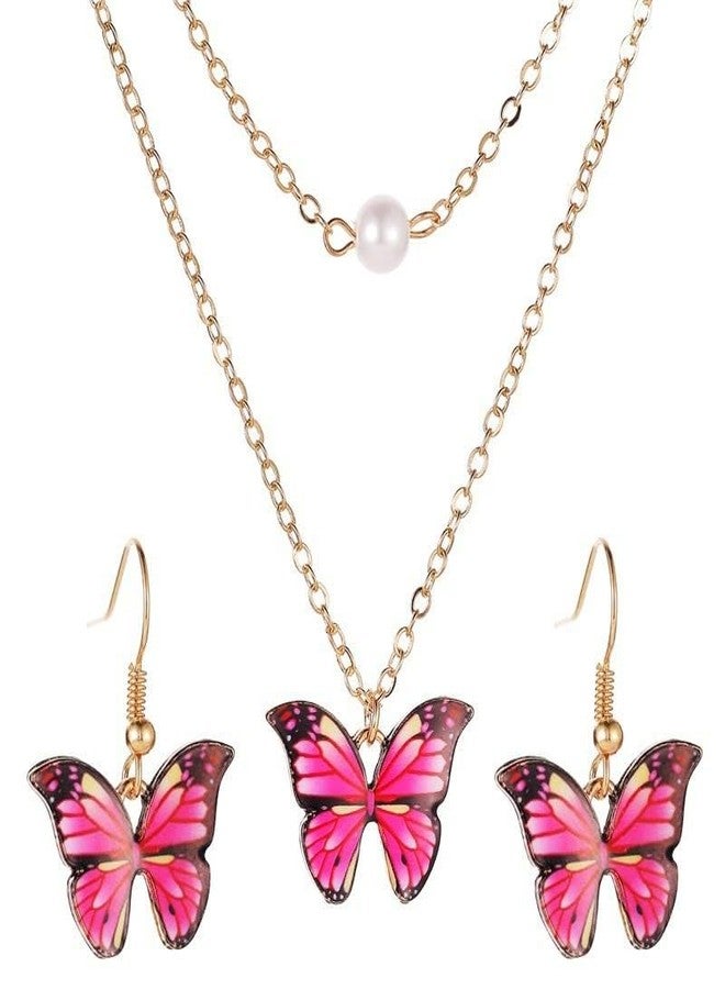 Baxozud Jewelry Set for Women Pink Butterfly Alloy Artificial Crystal Earrings Pendant Necklace Ring Wedding Party Prom Anniversary Birthday Engagement for Bridal Bridesmaid Girlfriend - Image 2