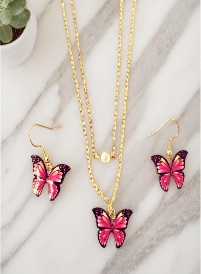 Baxozud Jewelry Set for Women Pink Butterfly Alloy Artificial Crystal Earrings Pendant Necklace Ring Wedding Party Prom Anniversary Birthday Engagement for Bridal Bridesmaid Girlfriend - Image 4
