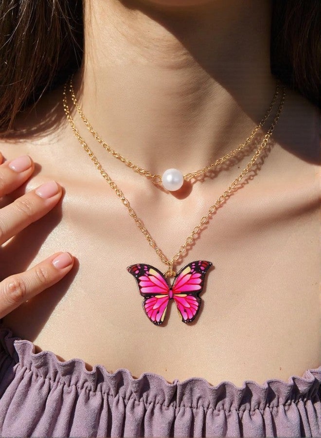 Baxozud Jewelry Set for Women Pink Butterfly Alloy Artificial Crystal Earrings Pendant Necklace Ring Wedding Party Prom Anniversary Birthday Engagement for Bridal Bridesmaid Girlfriend - Image 3