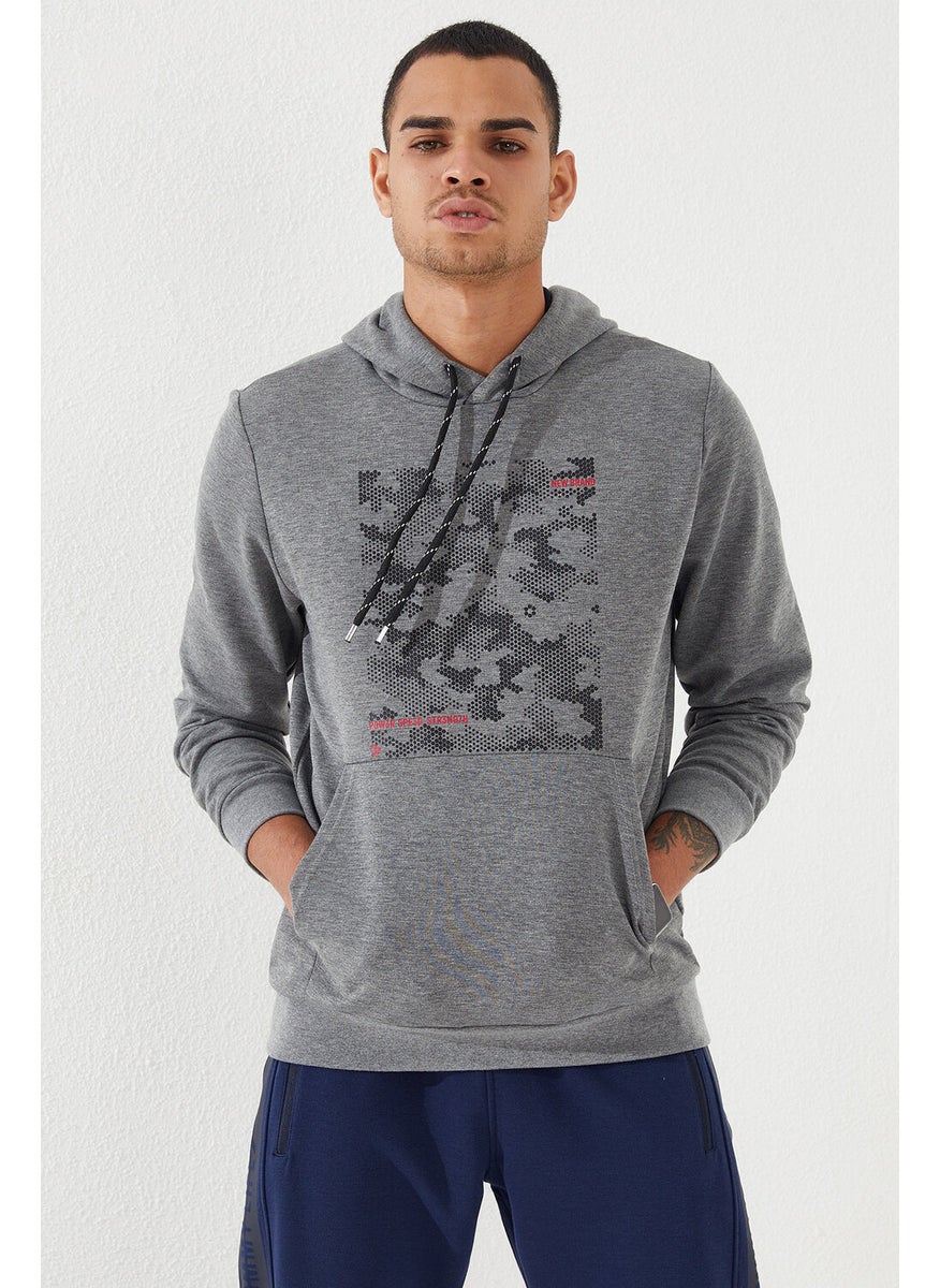 Gray Melange Men's Camouflage Pattern Printed Standard Pattern Hooded SWEATSHIRT-87884