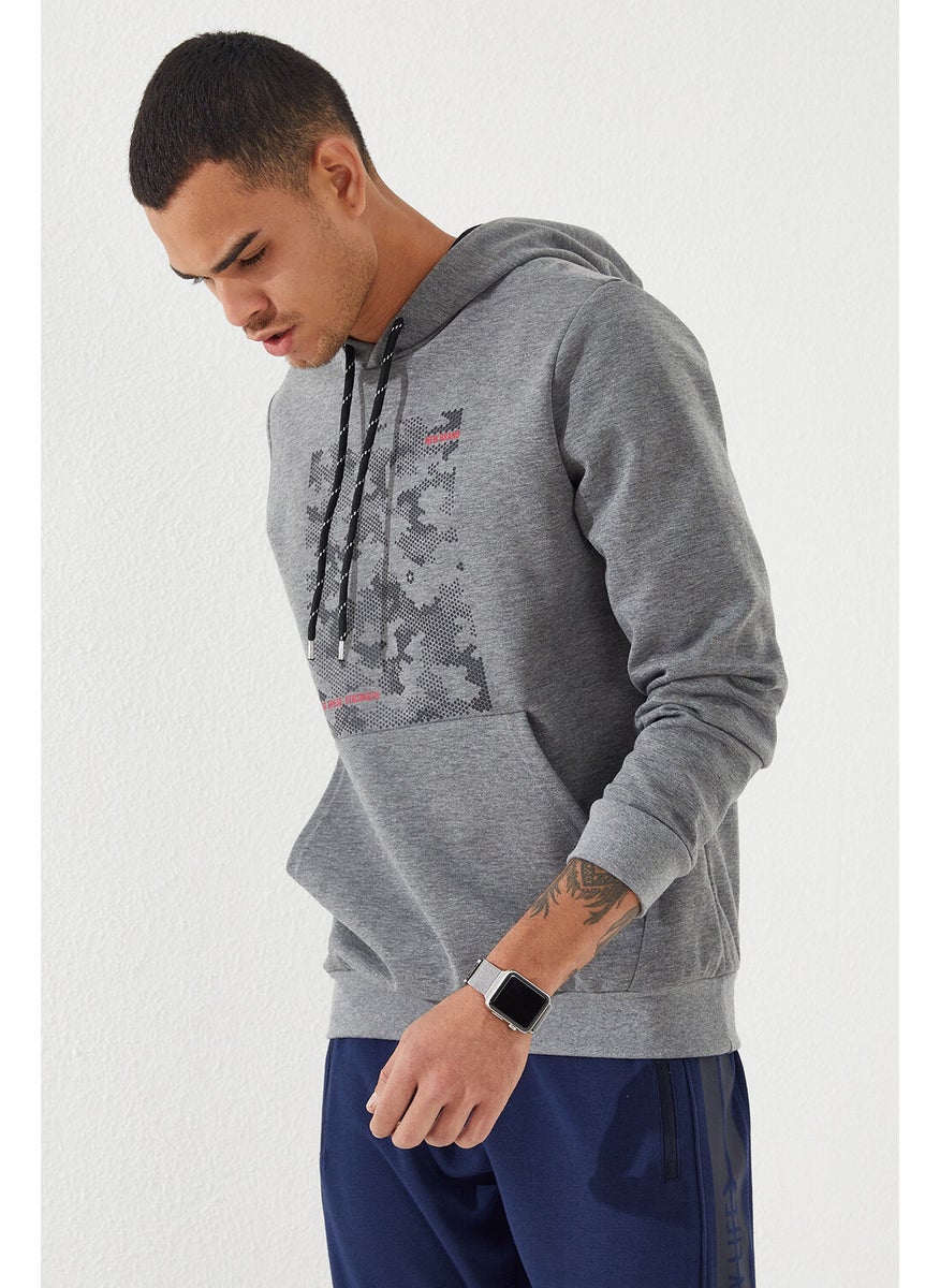 Gray Melange Men's Camouflage Pattern Printed Standard Pattern Hooded SWEATSHIRT-87884