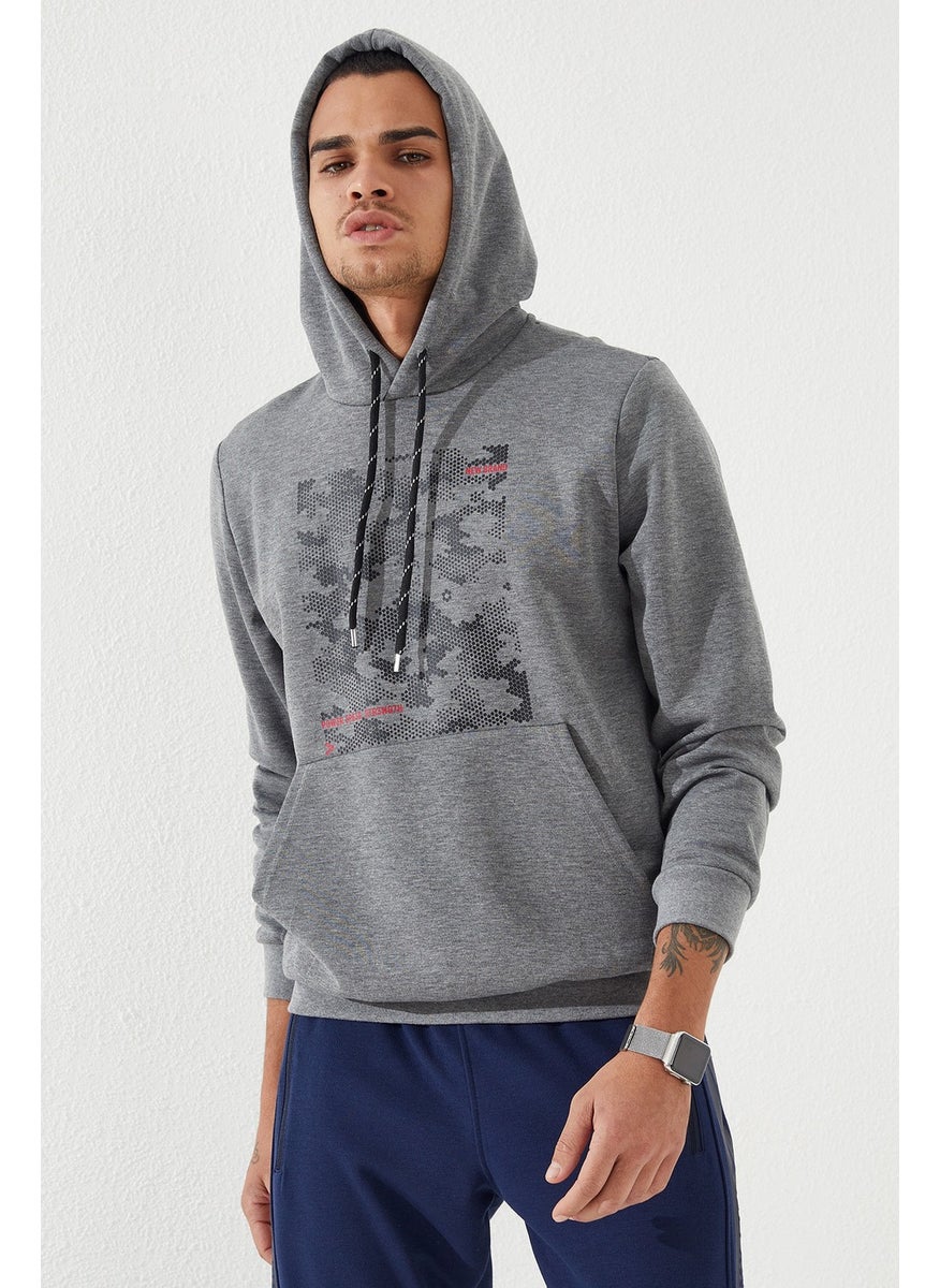 Gray Melange Men's Camouflage Pattern Printed Standard Pattern Hooded SWEATSHIRT-87884