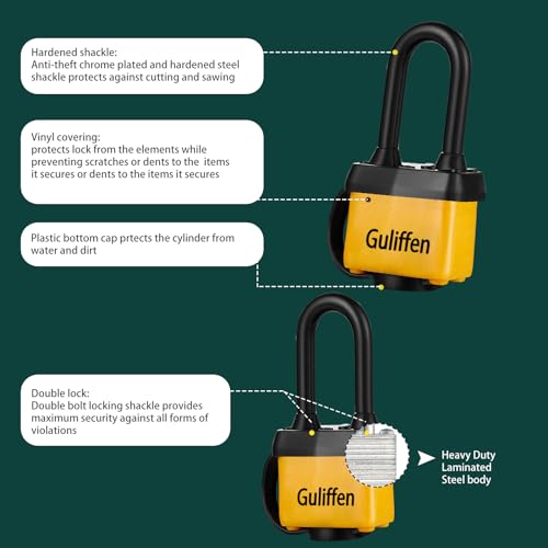 Guliffen Weatherproof Laminated Steel Padlock with Same Key, Outdoor Padlock with Long Shackle for Gate, Fence, Shed,Garage, 6 Pack - Image 4