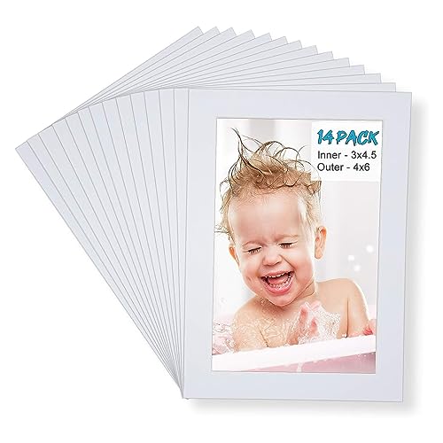 Egofine 4x6 White Picture Mats Pack of 14, Frame Mattes for 3x4.5 Pictures, Acid Free, 1.2mm Thickness, with Core Bevel Cut - Image 1