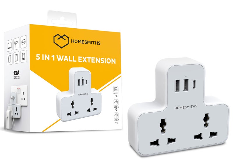 Homesmiths 5 in 1 Wall Extension Socket Adapter with 2 USB-A & 1 USB-C Ports Fast Charging Universal, Multi Plug Adapter & Power Strip, UAE UK EU Compatible Multiplug Converter for Home Office Travel - Image 1
