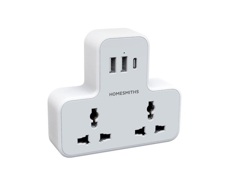Homesmiths 5 in 1 Wall Extension Socket Adapter with 2 USB-A & 1 USB-C Ports Fast Charging Universal, Multi Plug Adapter & Power Strip, UAE UK EU Compatible Multiplug Converter for Home Office Travel - Image 2