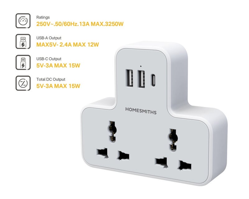 Homesmiths 5 in 1 Wall Extension Socket Adapter with 2 USB-A & 1 USB-C Ports Fast Charging Universal, Multi Plug Adapter & Power Strip, UAE UK EU Compatible Multiplug Converter for Home Office Travel - Image 4