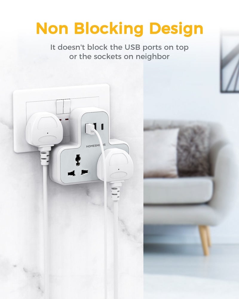 Homesmiths 5 in 1 Wall Extension Socket Adapter with 2 USB-A & 1 USB-C Ports Fast Charging Universal, Multi Plug Adapter & Power Strip, UAE UK EU Compatible Multiplug Converter for Home Office Travel - Image 5
