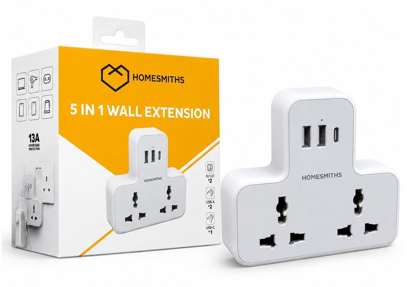 Homesmiths 5 in 1 Wall Extension Socket Adapter with 2 USB-A & 1 USB-C Ports Fast Charging Universal, Multi Plug Adapter & Power Strip, UAE UK EU Compatible Multiplug Converter for Home Office Travel - Image 1
