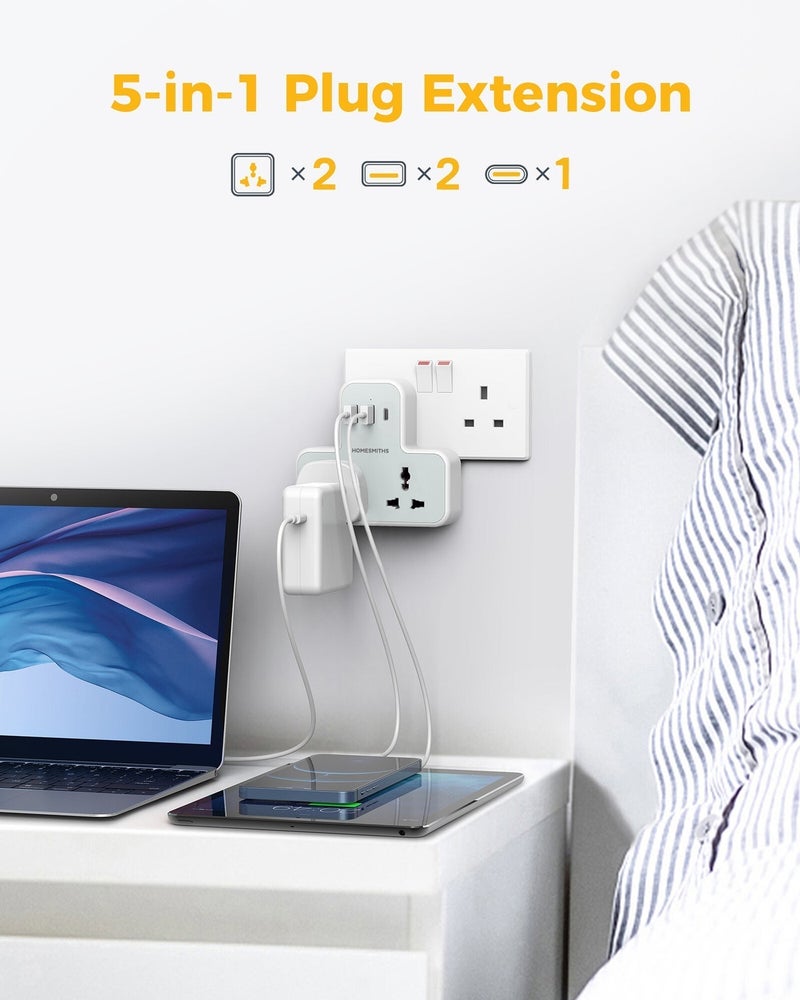هومسميثز هومسميثس محول مقبس حائط 5 في 1 مع 2 منافذ USB-A ومنفذ USB-C واحد للشحن السريع، محول عالمي متعدد المقابس وشريط طاقة، متوافق مع مقابس الإمارات والمملكة المتحدة وأوروبا، للمنزل والمكتب والسفر - Image 4