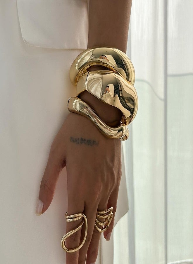 Bowdcvy Gold Bangle Bracelets for Women Trendy Chunky Wide Cuff Stackable Bangles Irregular Minimalist Jewelry Accessories (GOLD-1) - Image 3